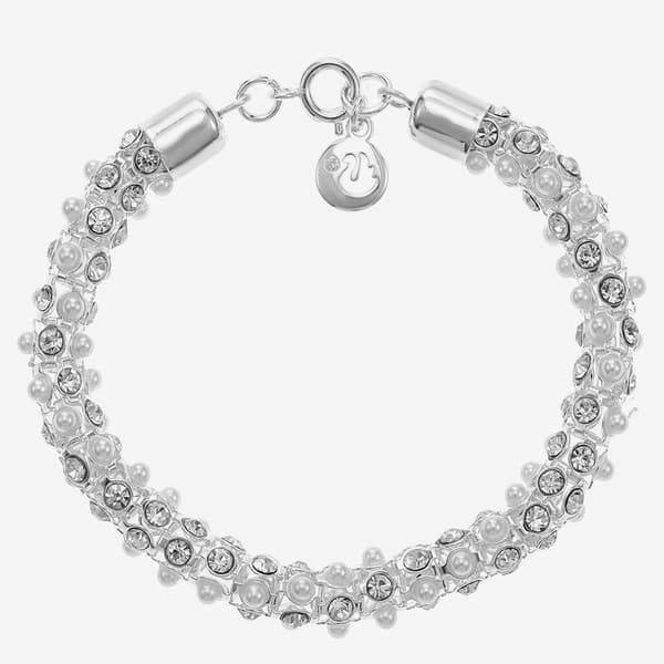 Gloria Vanderbilt Silver-Tone Pearl Crystal Mesh Bracelet - image 