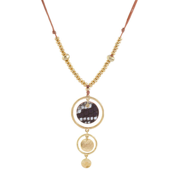 Bella Uno Worn Gold Leather & Metal Triple Disc Pendant Necklace - image 