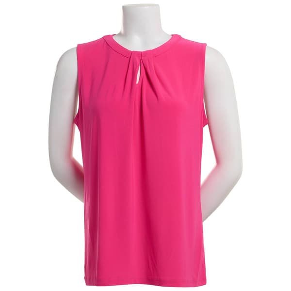 Womens Kasper Pleat Keyhole Neck Solid Sleeveless Blouse
