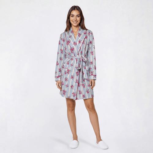 Womens Laura Ashley(R) Roses & Stripe Shawl Collar Wrap Robe