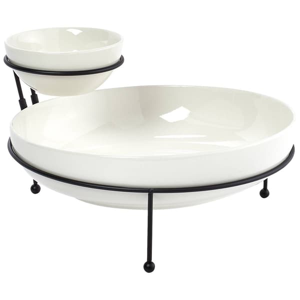 Famous Brand Ceramic Chip & Dip Set with Wire Stand - image 