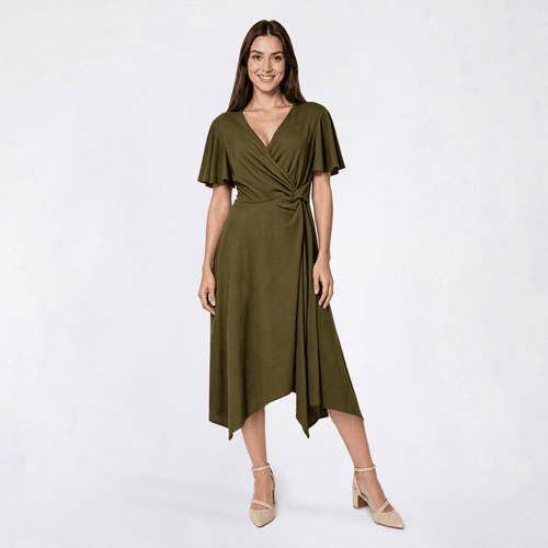 Womens Perceptions Short Sleeve Twist Front Crepe Midi Dress - image 