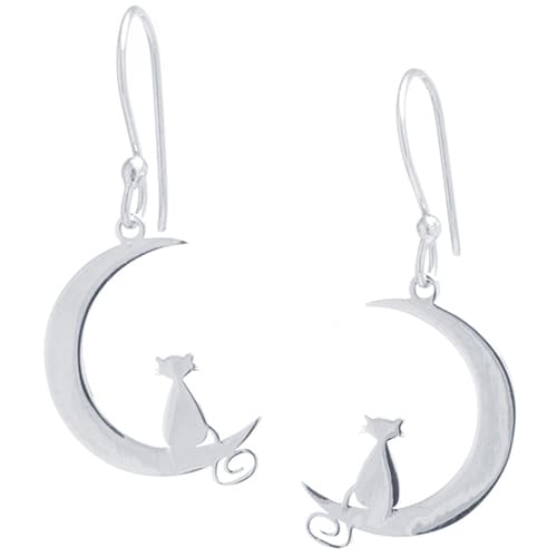 Sterling Silver Laser Cut Cat & Moon Drop Earrings - image 