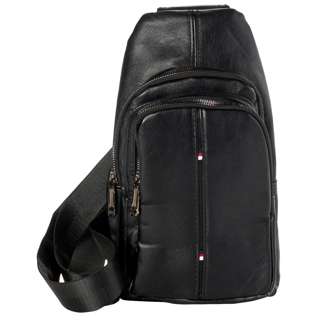 Mens Pleather Double Zip Sling Bag - Black
