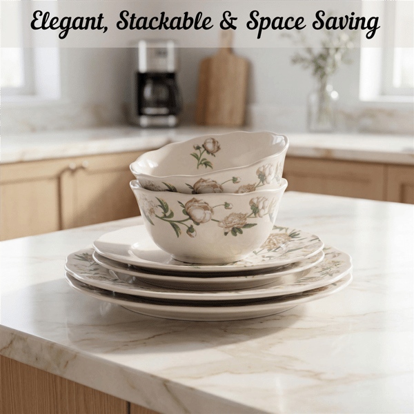 222 Fifth Luxe Peony Neutral Porcelain 12pc. Dinnerware Set