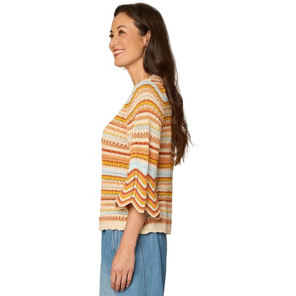 Womens Democracy 3/4 Scallop Bell Sleeve Stripe Sweater