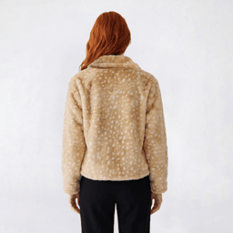 Juniors No Comment Zip Front Deer Print Textured Fur Jacket