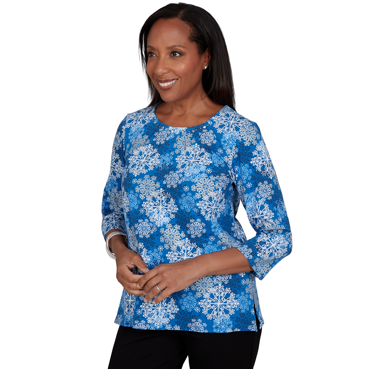 Womens Alfred Dunner Classics 3/4 Sleeve Snowflake Blouse