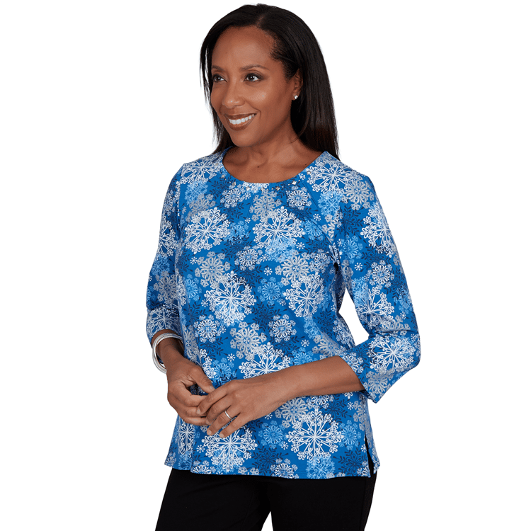 Womens Alfred Dunner Classics 3/4 Sleeve Snowflake Blouse