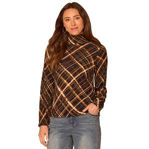 Womens Democracy Long Sleeve Turtleneck Abstract Plaid Blouse