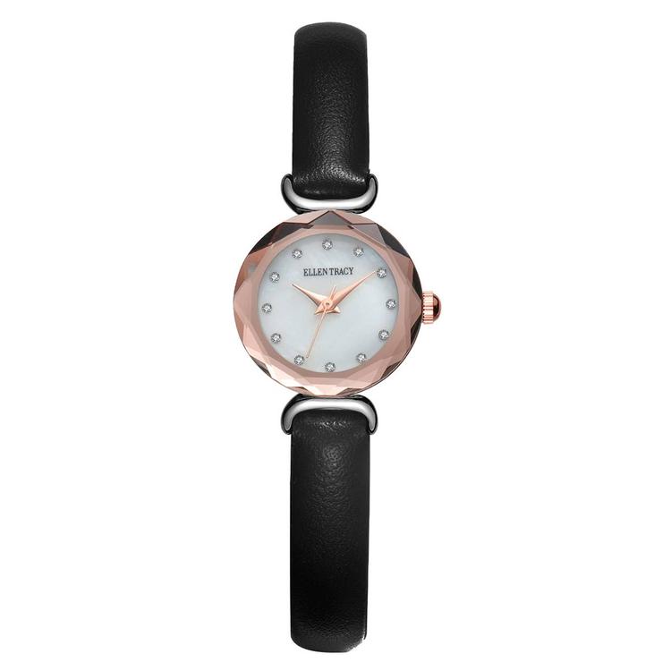 Womens Ellen Tracy Rose Faceted Bezel Mini Strap Watch-ET5453SLR