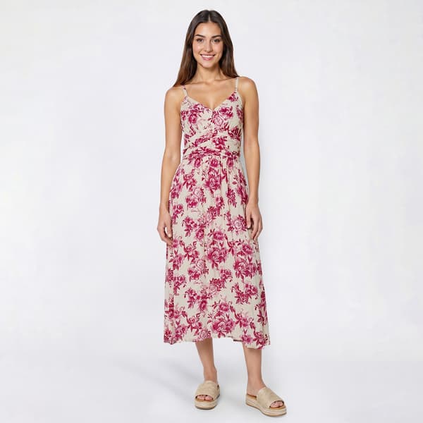Womens Absolutely Famous Strappy Floral Ruched Waist Midi Dress