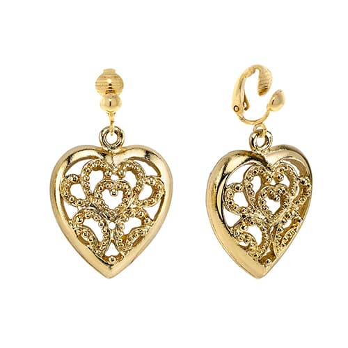 1928 Gold-Tone Filigree Heart Drop Clip On Earrings - image 