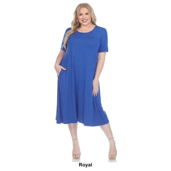 Plus Size White Mark Short Sleeve Pocket Swing Midi Dress