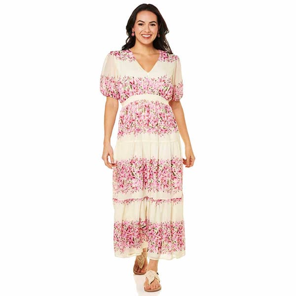Womens Vivid Aura Short Sleeve Floral V Neck Maxi Dress - image 