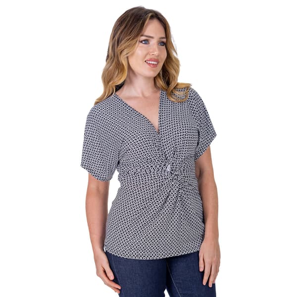 Womens 24/7 Comfort Apparel Medallion Knot Front V-Neck Blouse