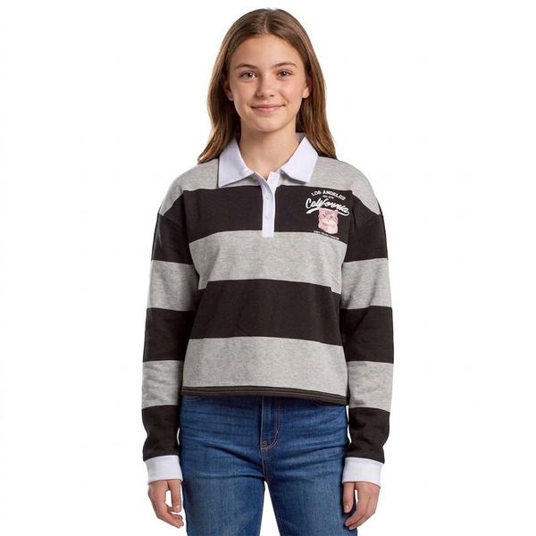 Juniors No Comment Stripe Fleece Rugby Pullover- Grey - image 