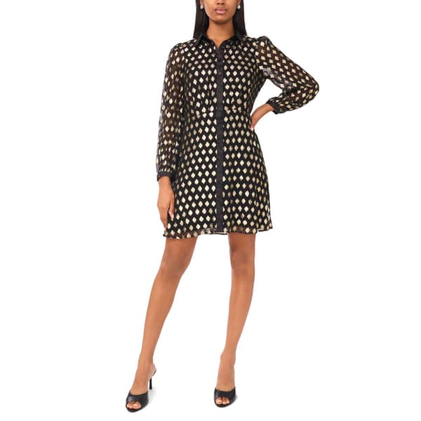 Womens MSK Long Sleeve Foil Dot Button A-Line Dress - image 