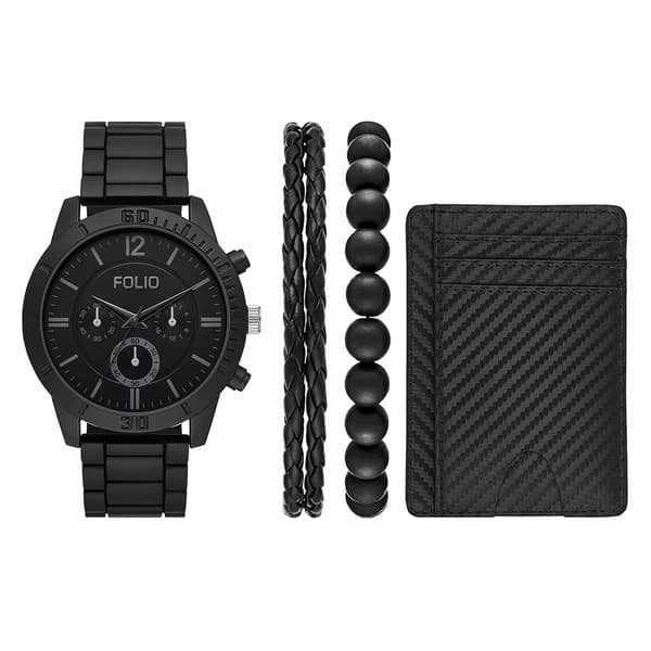 Mens Folio Black Three Hand Alloy Watch Gift Set - FMDFL6056 - image 