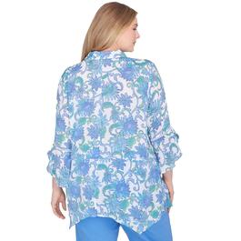 Plus Size Ruby Rd. Bali Blue 3/4 Sleeve Casual Button Down Blouse