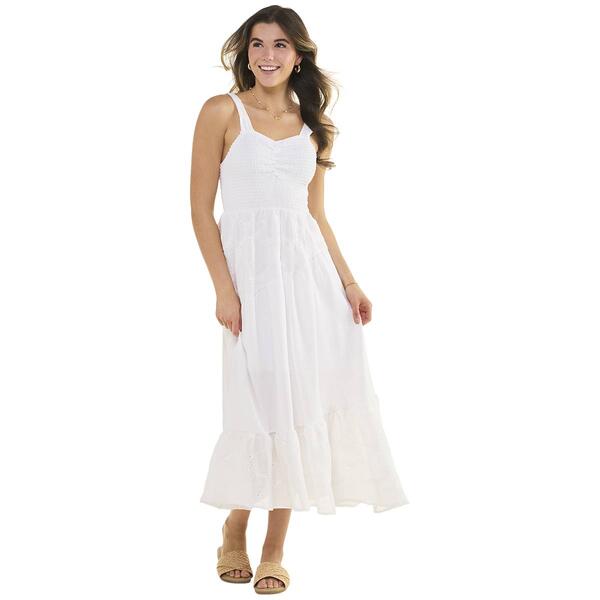 Juniors No Comment Cross Hatch Eyelet Smocked Bodice Midi Dress - image 