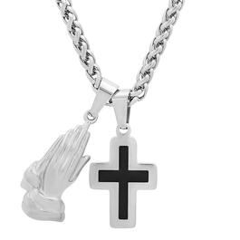 Mens Steeltime Stainless Steel Cross & Hand Prayer Necklace
