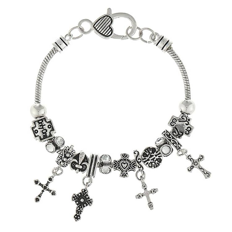 Antique Silver Plated Multiple Cross Charms Bracelet