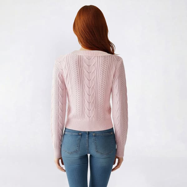 Juniors Pink Rose Cloud Cable Knit Crew Neck Button Cardigan