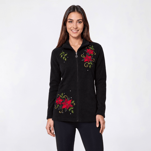 Petite Hasting & Smith Holiday Poinsettia Fleece Jacket