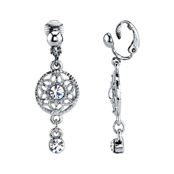 1928 Silver-Tone Crystal Drop Clip On Earrings - image 