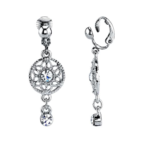 1928 Silver-Tone Crystal Drop Clip On Earrings - image 