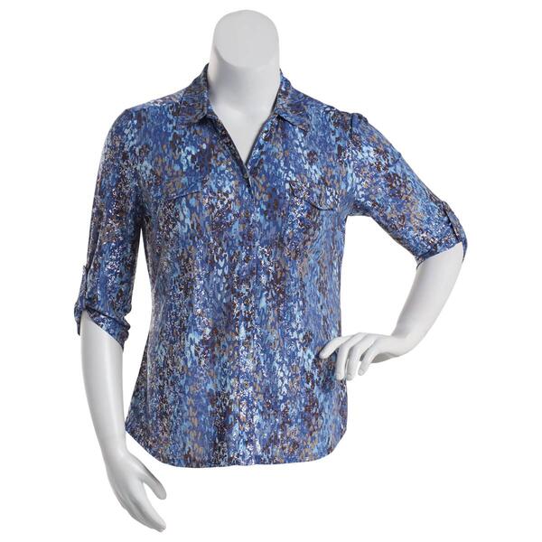 Womens Emily Daniels 3/4 Sleeve Foil Print 2 Pocket Polo Knit Top - image 