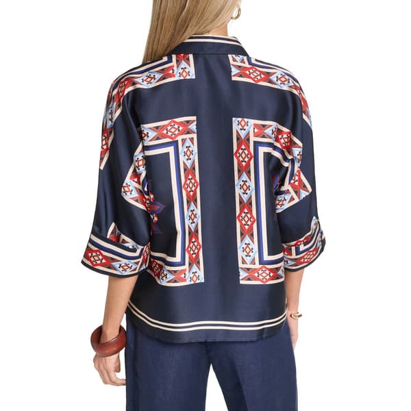 Womens Halston 3/4 Roll Tab Sleeve Geometric Scarf Blouse