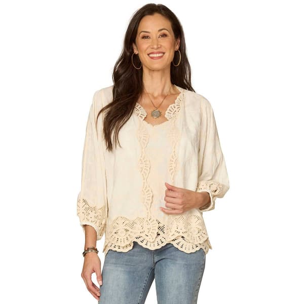 Womens Democracy 3/4 Blouson Sleeve Open Front Crochet Cardigan