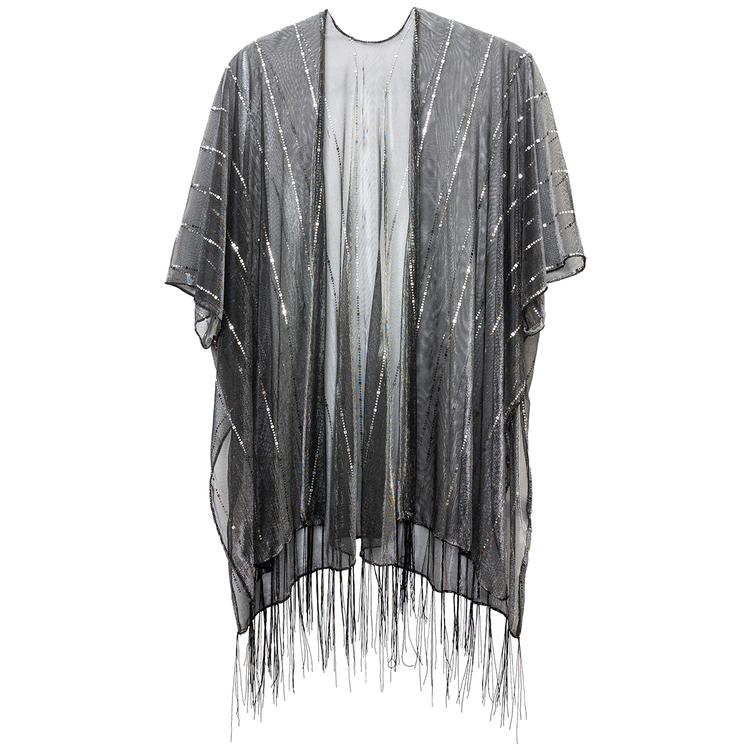 Womens Jessica McClintock Hologram Tie Front Fringe Kimono