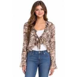 Juniors No Comment Tie Front Ruffle Bell Sleeve Blouse