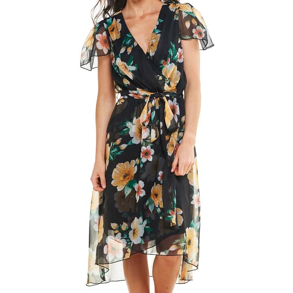 Womens Ellen Weaver Chiffon Floral High Low Hem Dress- Poppy