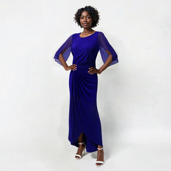 Womens Connected Apparel Sheer Sleeve Solid Side Ruched Gown