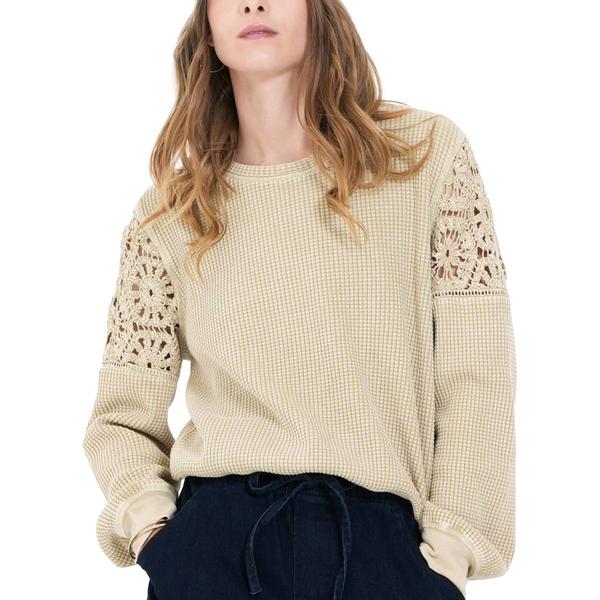 Womens MNK Long Sleeve Waffle Sweater with Crochet Inset