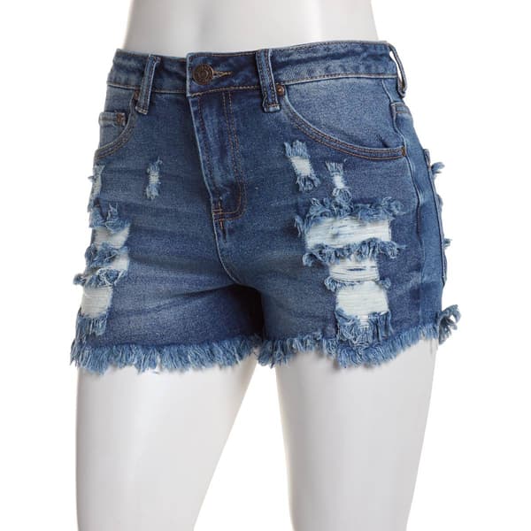 Juniors Madden Girl Super High Rise Fray Hem Dark Denim Shorts - image 