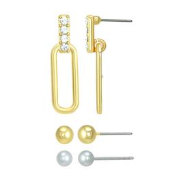 Roman Two-Tone 3pr. Pearl/Ball & Drop Earrings Set