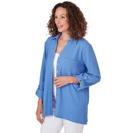 Petite Ruby Rd. Bali Blue 3/4 Sleeve Solid Button Front Blouse