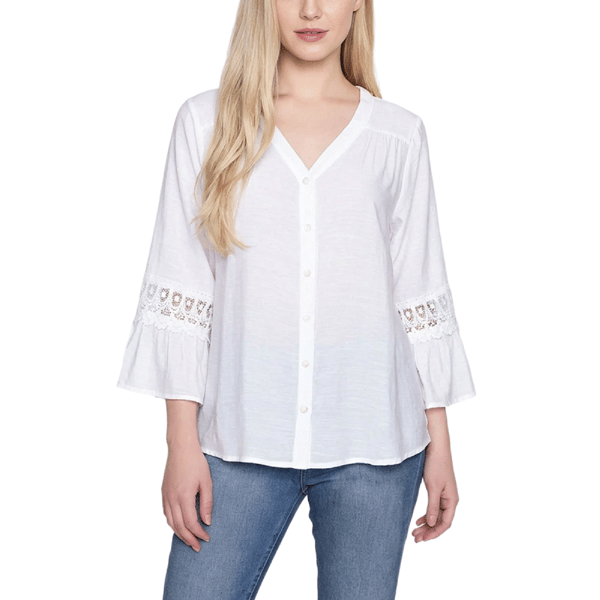 Petite NY Collection 3/4 Bell Sleeve V Neck Button Front Blouse