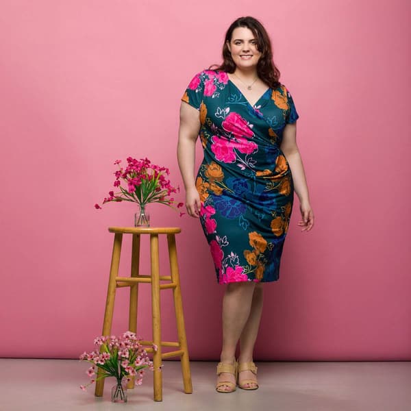 Plus Size 24/7 Comfort Apparel Blue Floral Faux Wrap Dress