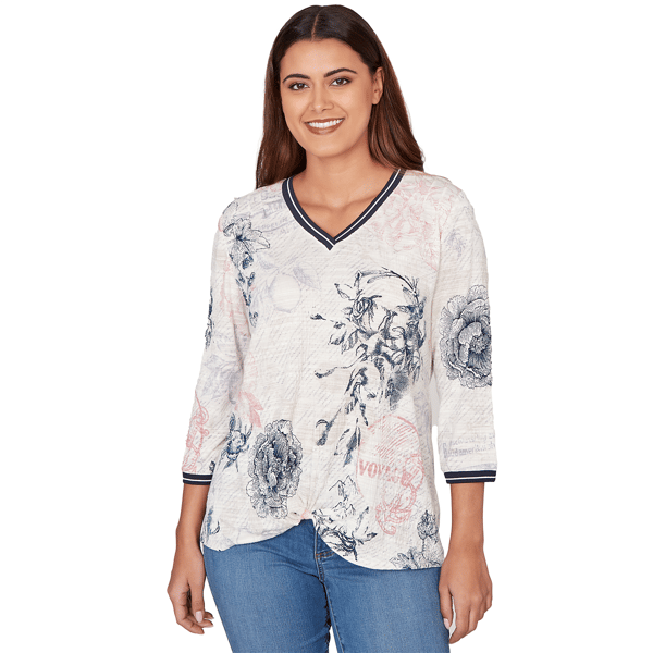 Petite Ruby Rd. Jetsetter Botanical Stamp Knit Twist Front Top - image 