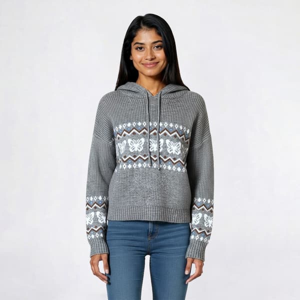 Juniors Madden Girl Fair Isle Knit Butterfly Sweater with Hood - image 