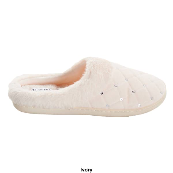 Womens Ellen Tracy Quilted Sequin Clog Slippers w/Faux Fur Collar