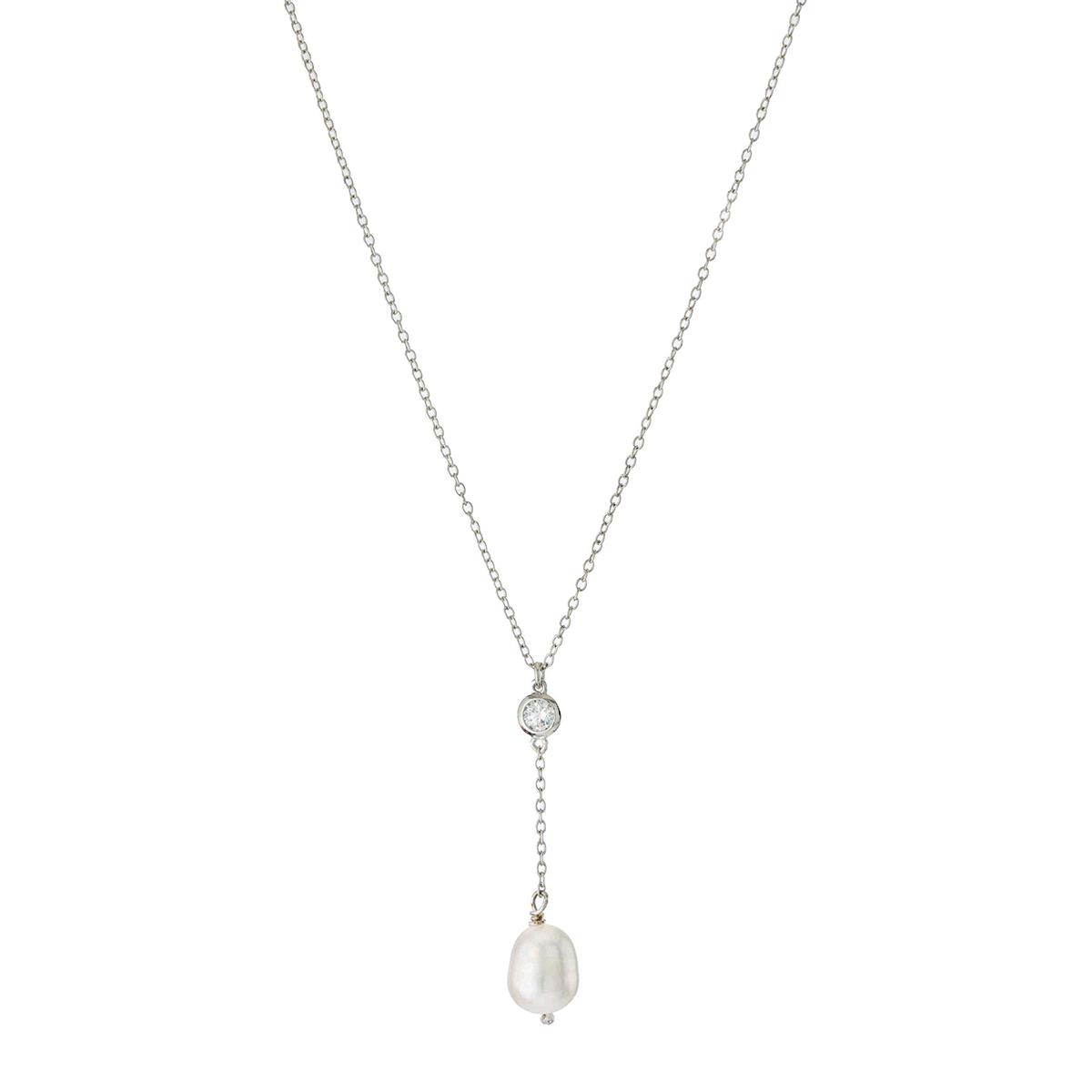 Athra Sterling Silver Freshwater Pearl Y-Necklace with CZ