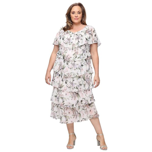 Plus Size SLNY Floral Print Chiffon Tier Tea Length Dress - image 