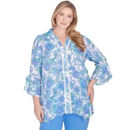 Plus Size Ruby Rd. Bali Blue 3/4 Sleeve Woven Floral Top